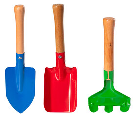 Children's gardening tools on isolated background.