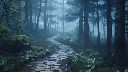 Fototapeta premium The journey of self-discovery shown through a winding path leading into a mysterious forest