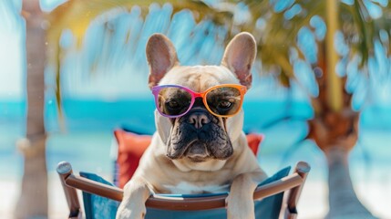 Portrait of bull dog with sunglasses rest in chair in vacation resort.