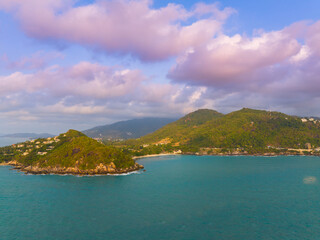 Fototapeta premium Tropical Beach. Sandy beach with palm and turquoise sea. Summer vacation and tropical beach concept.