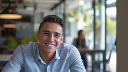 Portrait of a young Latino man smiling during a during a job interview at a tech company.