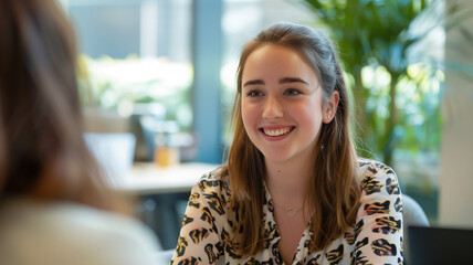 Young Gen-z woman smiling confidently at her first job interview at a tech company.