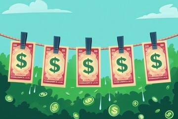 A whimsical illustration portraying money laundering with dollar bills hung on a clothesline, with trees in the background