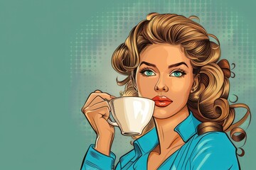 A glamorous woman with coffee cup illustrated in a vintage pop art style with a retro flair
