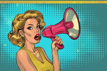 A woman in vintage style holds a pink megaphone, exuding a message of empowerment and communication