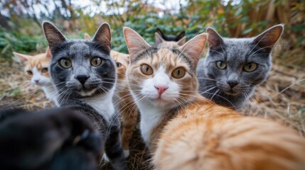 A group of cats taking selfie outdoors. Funny
