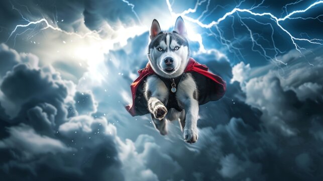Portrait of a super hero Husky dog with cloud and lightning bolt