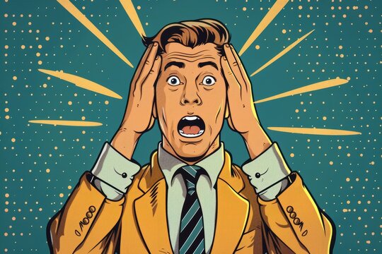 Retro pop art style depiction of a shocked man with hands on his face, conveying surprise and intense emotions