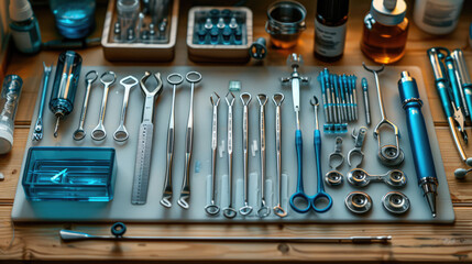 A close-up of medical equipment and tools, neatly arranged on a sterile surface