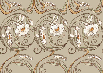 Decorative flowers and leaves in art nouveau style, vintage, old, retro style. Seamless pattern, background. Vector illustration. In art nouveau style, vintage, old, retro style.