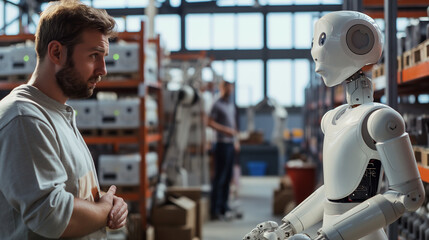 Fototapeta premium Lose your job to robots, robots work in factory and man watch him with upset face 