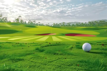 Close-up view of a golf ball on rough grass with a focus on the texture and dimples, featuring a beautifully maintained golf green and sand bunkers in the background