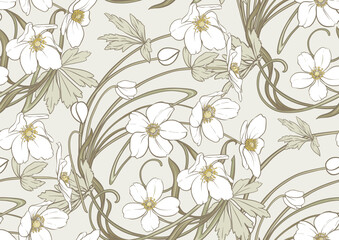 Forest Anemone flowers, decorative flowers and leaves Seamless pattern, background. Vector illustration. In botanical style