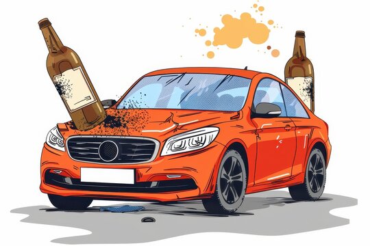 Illustration of an orange car with large spilled alcohol bottles beside it, symbolizing drink driving