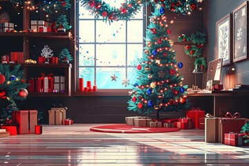 Charming scene of a festive room with two Christmas trees, decorations, and a glowing fireplace creating a warm ambiance