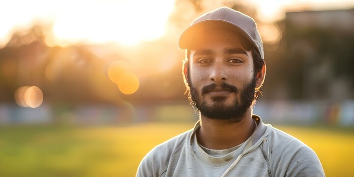 Indian male cricket athlete with distinct facial features on defocused cricket ground background. Concept Cricket Athlete, Indian Male, Distinct Facial Features, Defocused Background, Cricket Ground