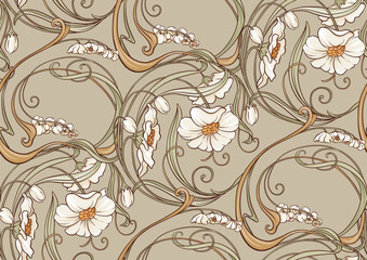 Decorative flowers and leaves in art nouveau style, vintage, old, retro style. Seamless pattern, background. Vector illustration. In art nouveau style, vintage, old, retro style.