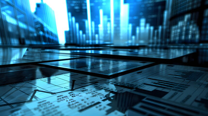 Obraz premium Financial business background with graphs, stacks of coins and pen for writing. AI Generated