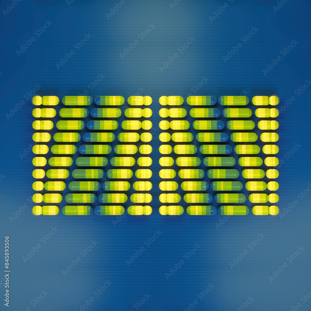 Poster Digital illustration of a pattern of a group of yellow and green capsules arranged in a rectangle. 3d rendering
