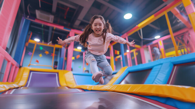 Young Asian-American girl jumping on a trampoline in an indoor bounce park.