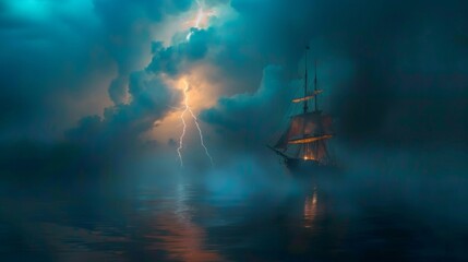 Obraz premium Sailing ship in sea water in rain thunderstorm.