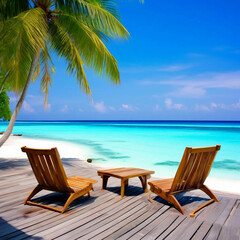 Wooden Seats, Palm Trees and Pacific Ocean in Luxury Maldives Resort with Blue Sky