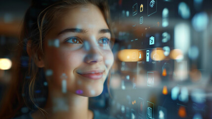 Close up of a young Caucasian woman using a translucent augmented reality display with light blue icons an information overlaying her face.