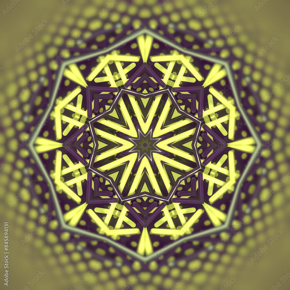 Poster illustration of a kaleidoscopic pattern of yellow-purple sticks. 3d rendering