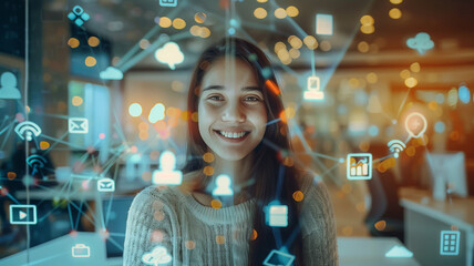 Close up of a young Caucasian woman using a translucent augmented reality display with light blue icons an information overlaying her face.