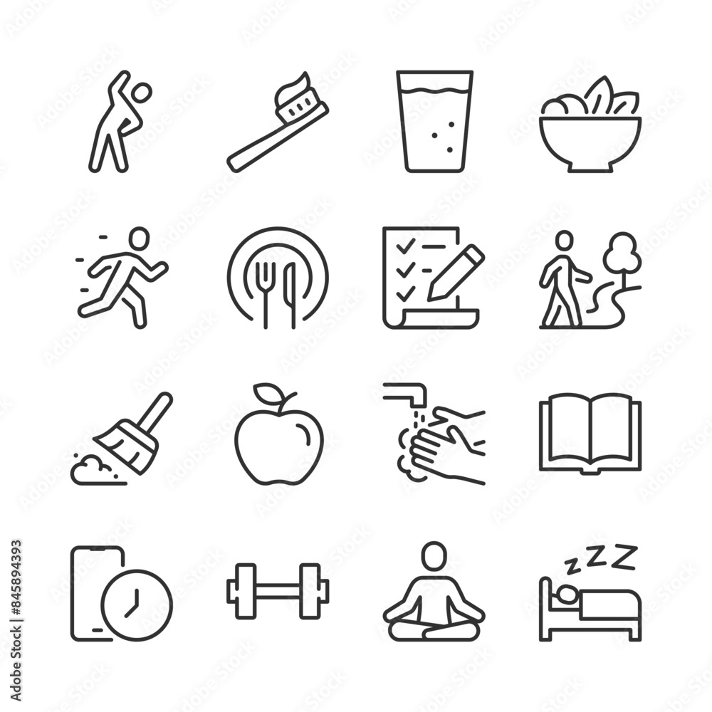 Wall mural healthy habits for wellbeing, icon set. daily wellness activities linear icons. morning exercises, h