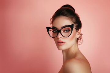 Elegant woman with cat-eye glasses, pink background, stylish portrait, modern eyewear, chic look, ideal for fashion editorials or advertisements, portrait of a woman wearing glasses