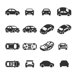 Car icon set. Automobile From Various Sides, Monochrome symbol. Side, Bottom, Top, Front View, Isometric Projection, Interior of the Car. Black and white style © Matsabe