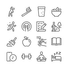 Healthy Habits for Wellbeing, icon set. Daily Wellness Activities linear icons. Morning Exercises, Healthy Eating, Hygiene, Outdoor Activities, and Mindfulness. Line with editable stroke