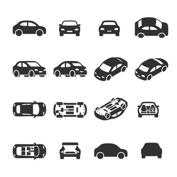 Car icon set. Automobile From Various Sides, Monochrome symbol. Side, Bottom, Top, Front View, Isometric Projection, Interior of the Car. Black and white style