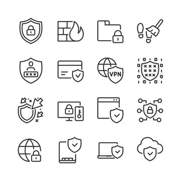 Digital security and cyber hygiene, icon set. Protection against viruses, hacking, data theft, attacks. Firewall, Account Data, Payment Data, Encryption. digital footprint. Line with editable stroke