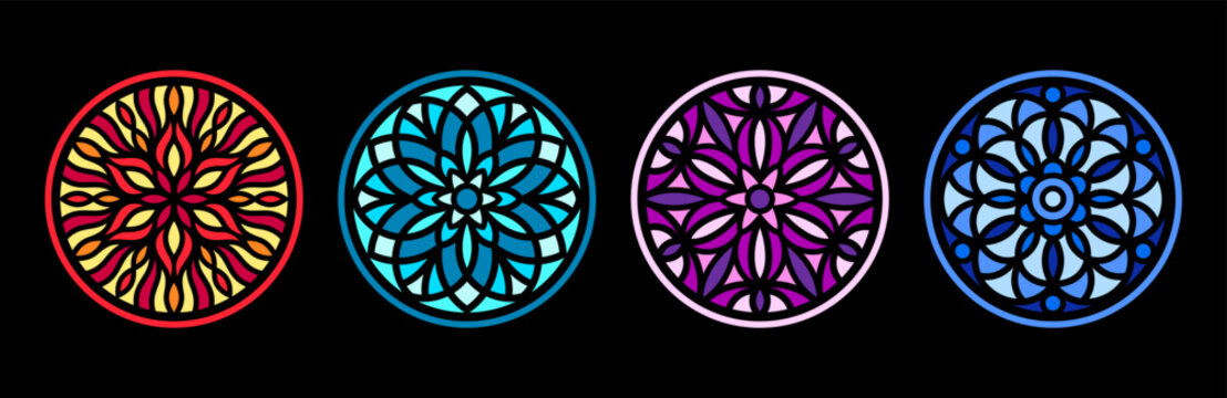 Stained glass illustration collection, circle shape pattern, rose gothic window mandala ornament. Round frames set, radial floral motive design elements. Colorful mosaic decoration, backgrounds bundle