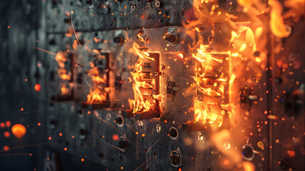 Fire, accident at an electrical panel with an electrical grid control system. AI Generated