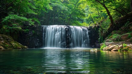 Obraz premium Serene Waterfall in Lush Green Forest