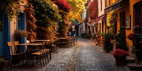 Naklejka premium Cozy traditioanal european city small town walk path street with many tables and chairs restaurants background
