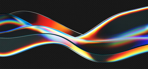 3d crystal glass liquid wave with refraction and holographic effect isolated on dark background. Render transparent glass ribbon, fluid splash with rainbow gradient flying in motion. 3d vector figure