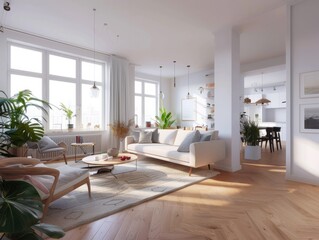 Modern Scandinavian living room interior background. Generative AI technology.