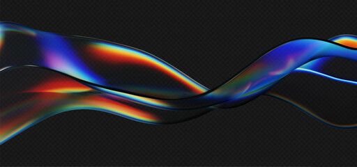 3d crystal glass liquid wave with refraction and holographic effect isolated on dark background. Render transparent glass ribbon, fluid splash with rainbow gradient flying in motion. 3d vector figure