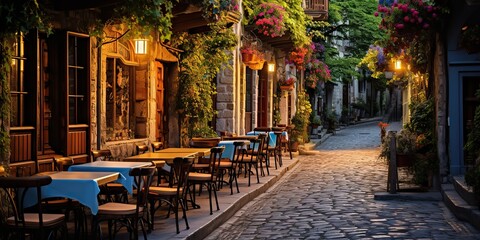 Cozy traditioanal european city small town walk path street with many tables and chairs restaurants background