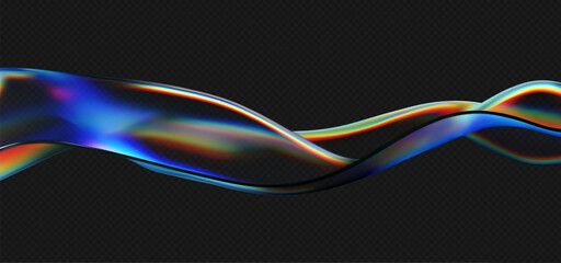 3d crystal glass liquid wave with refraction and holographic effect isolated on dark background. Render transparent glass ribbon, fluid splash with rainbow gradient flying in motion. 3d vector figure