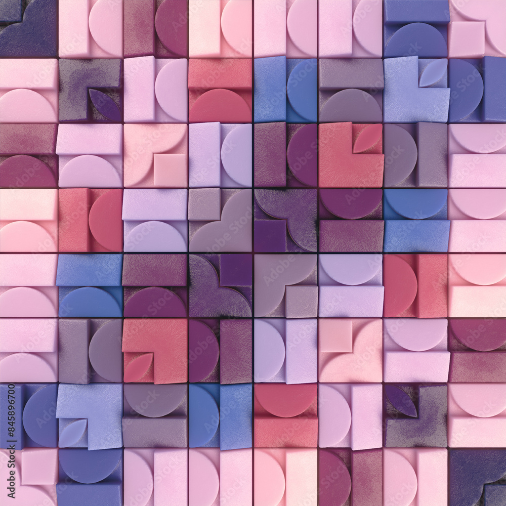 Poster Digital illustration consisting of a grid of rectangles in different colors. Mosaic effect. 3d rendering