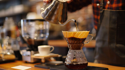 People use coffee making equipment and tools at home kitchens to brew hot coffee that drips into their cups.