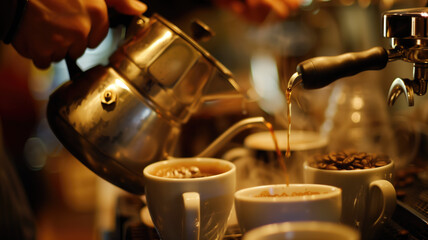 People use coffee making equipment and tools at home kitchens to brew hot coffee that drips into their cups.