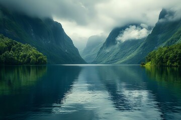 Misty Fjord Landscape with Lush Greenery