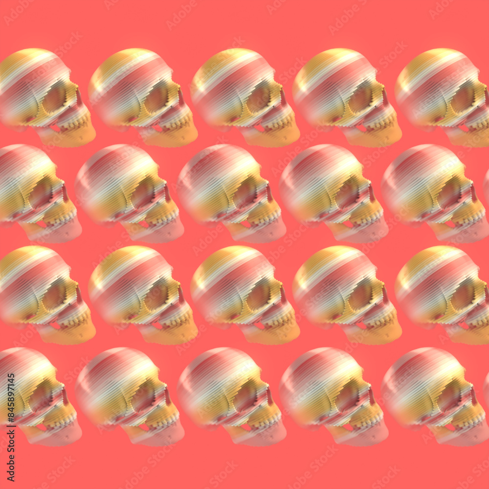 Fototapete Abstract pattern of layered colored skulls formed by a series of colored stripes. 3d rendering digital illustration