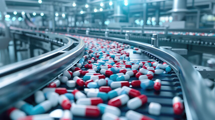 Obraz premium Pharmaceutical Industry's State-of-the-Art Factory with Pills on Conveyor, generative ai